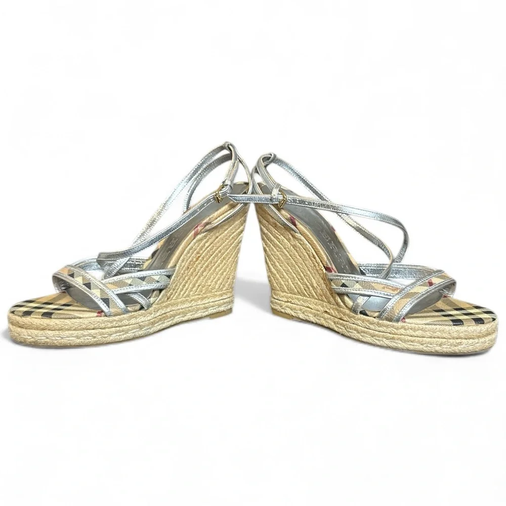 Burberry Silver Plaid Leather Espadrilles Sandals Platform Shoes Size 38 5” Heel